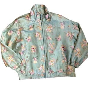 Out Brook Vintage 100%Slk Floral Print Mint Green Lightweight Jacket. Medium